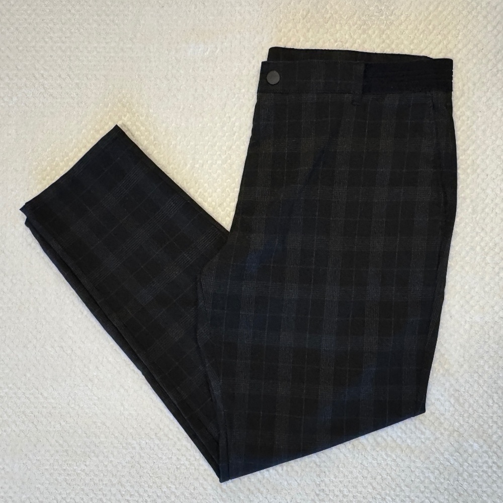 ZARA Tailored Plaid Trousers (XL) Black + Dark Grey Check Elastic Back Workwear
